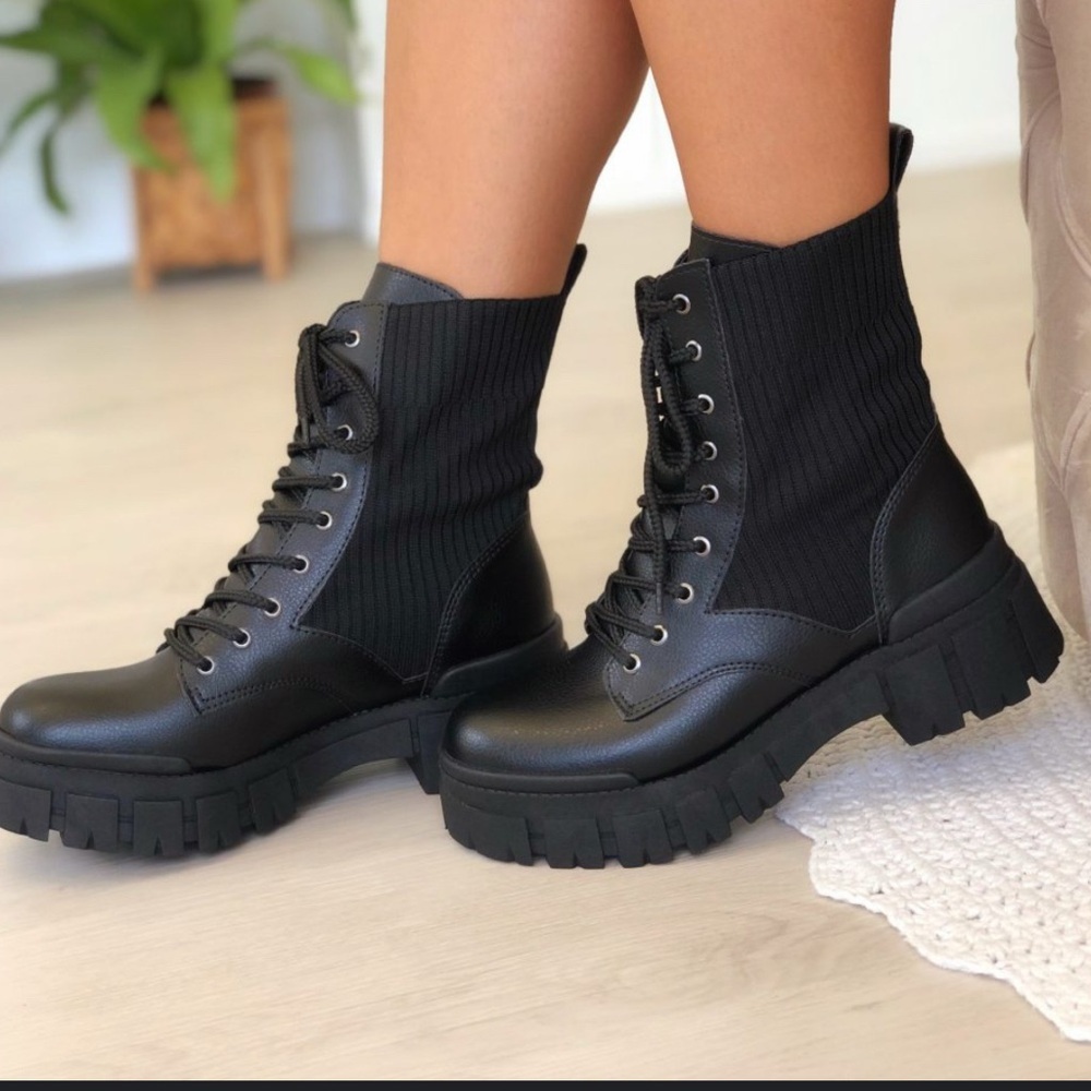 Call It Spring Black Ribbed Combat Boots